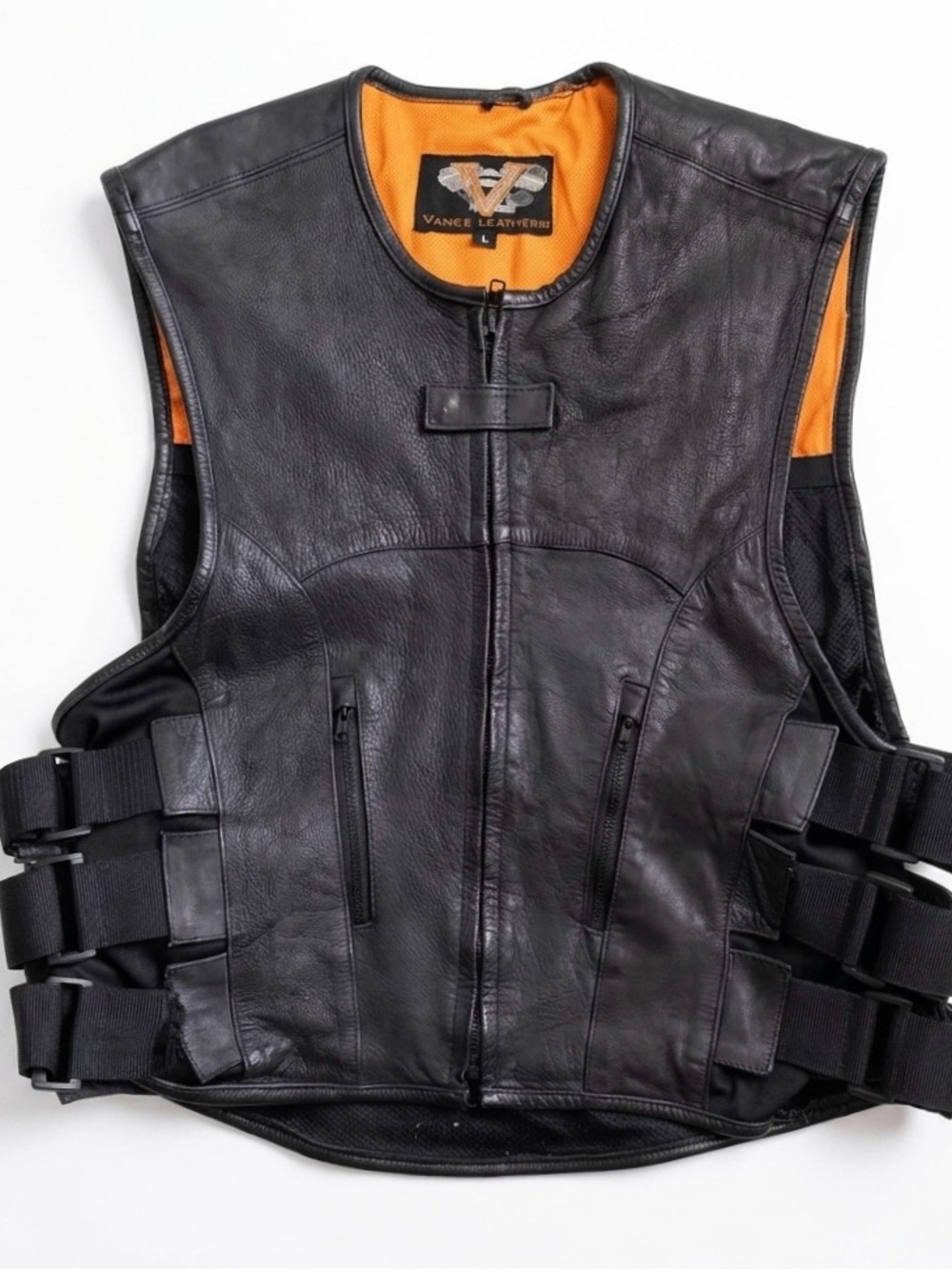 Black Leather Motorcycle Vest with Orange Lining